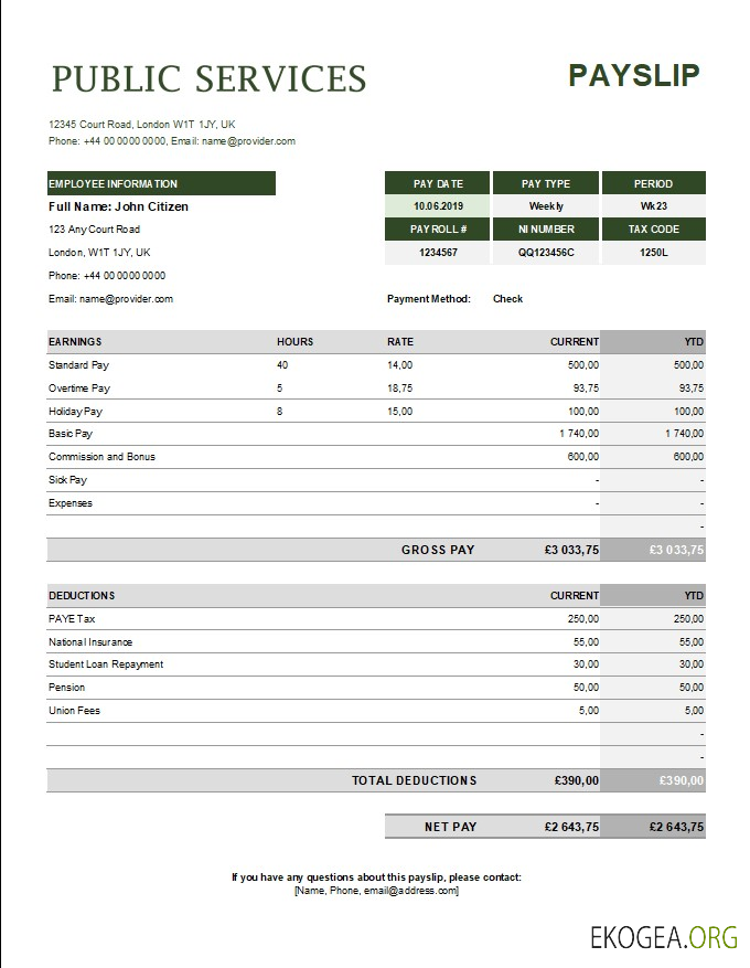 modèle de fiche de paie d'une société de services publics aux formats Excel et PDF
